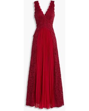 Zac Posen Pleated Corded Lace And Chiffon Gown - Red