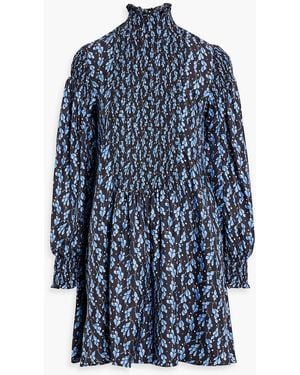 Shrimps Jack Shirred Floral-print Silk-twill Turtleneck Mini Dress - Blue