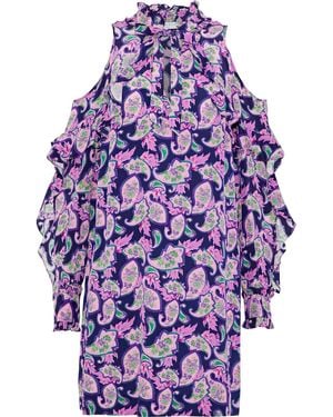 Sandro Emiko Cold-shoulder Printed Silk Crepe De Chine Mini Dress - Blue