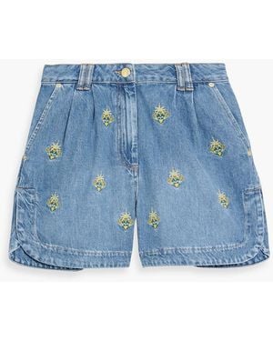 FARM Rio Embroidered Denim Shorts - Blue