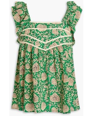 Ba&sh Gathered Ruffle-trimmed Floral-print Jacquard Top - Green