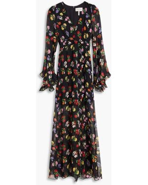 Saloni Poppy Ruffled Floral-Print Silk-Georgette Maxi Dress - Black