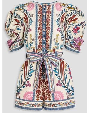FARM Rio Belted Printed Cotton Playsuit - White
