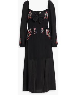 Saloni Harmony Embroidered Silk-Chiffon Midi Dress - Black