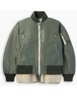 Sacai Layered Wool-Trimmed Twill And Fleece Bomber Jacket - Green
