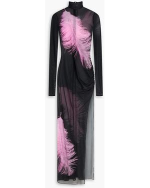 David Koma Printed Mesh Turtleneck Gown - Blue