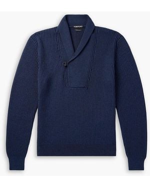 Tom Ford Slim-Fit Shawl-Collar Ribbed Merino Wool-Blend Half-Placket Jumper - Blue