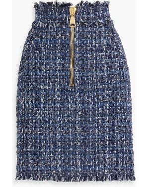 Balmain Frayed Metallic Bouclé-Tweed Mini Skirt - Blue