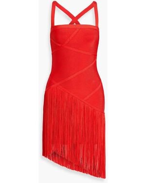 Hervé Léger Josephine Asymmetric Fringed Bandage Dress - Red