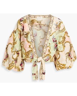 CAMILLA Cropped Crystal-Embellished Printed Linen And Silk-Blend Top - White