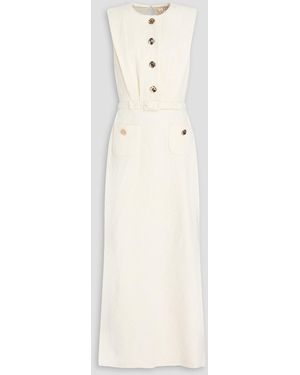 Saloni Victoria Belted Cotton-Blend Bouclé-Tweed Midi Dress - Natural