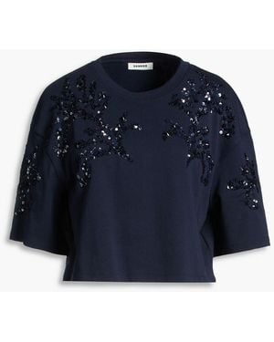 Sandro Cropped Embellished Cotton-Blend Jersey T-Shirt - Blue