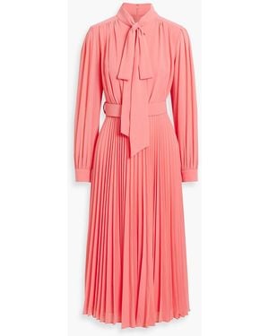 Mikael Aghal Pussy-Bow Pleated Chiffon Midi Dress - Pink