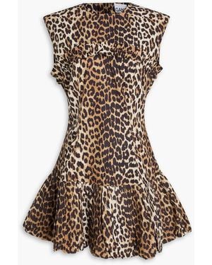 Ganni Leopard-Print Cotton-Poplin Mini Dress - Brown
