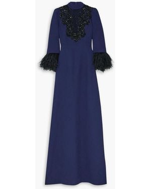 Andrew Gn Crystal-embellished Feather-trimmed Crepe Gown - Blue