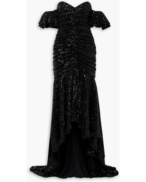 Nervi Crown Off-the-shoulder Asymmetric Ruched Sequined Tulle Gown - Black