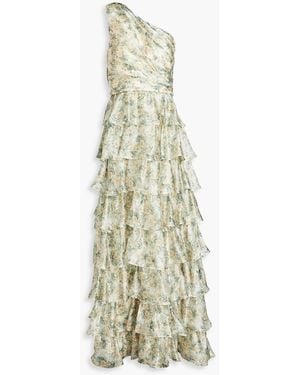 Mikael Aghal One-shoulder Tiered Floral-print Crepe De Chine Gown - White