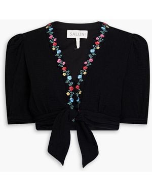 Saloni Jamie Cropped Embroidered Cotton-Gauze Top - Black