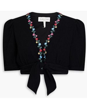Saloni Jamie Cropped Embroidered Cotton-Gauze Top - Black