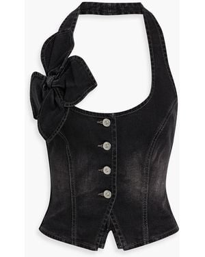 Area Floral-Appliquéd Denim Halterneck Top - Black