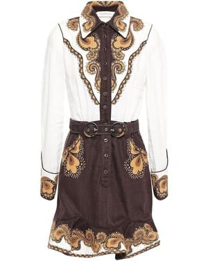 Zimmermann Zippy Dandy Belted Embellished Cotton And Linen-canvas Mini Dress - Brown