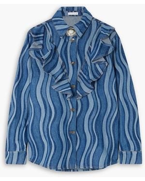 Area Sunray Embellished Printed Ruffled Denim Shirt - Blue