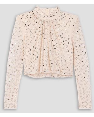 Self-Portrait Cropped Embellished Gathered Mesh Turtleneck Top - Natural