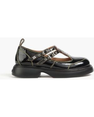 Ganni Buckled Glossed Mary Jane Flats - Black