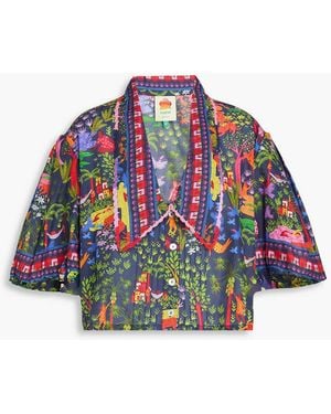 FARM Rio Cropped Printed Cottton-voile Top - Blue