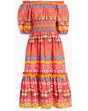 Cara Cara Off-the-shoulder Floral-print Cotton-poplin Midi Dress - Red