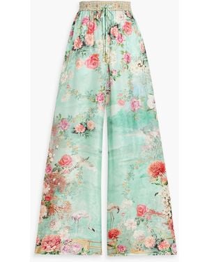 CAMILLA Crystal-Embellished Printed Satin-Jacquard Wide-Leg Pants - Green