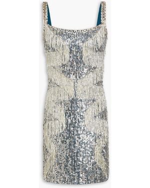 Jenny Packham Fringed Embellished Tulle Mini Dress - Grey