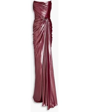 Rhea Costa Strapless Draped Lamé Gown - Red