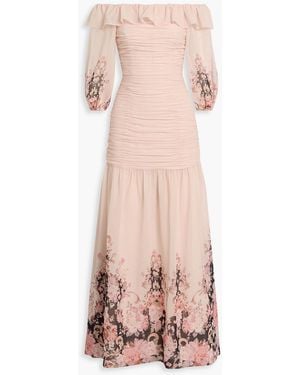 Mikael Aghal Off-The-Shoulder Ruched Floral-Print Chiffon Maxi Dress - Pink