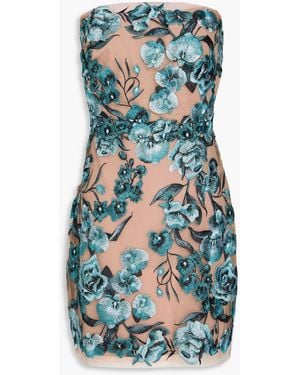 Marchesa Strapless Embroidered Tulle Mini Dress - Blue