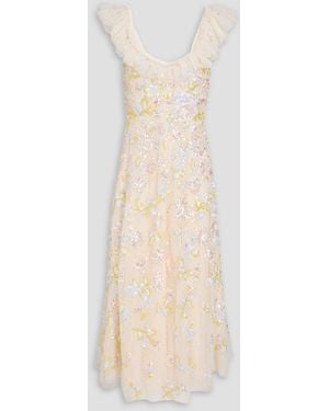 Needle & Thread Midikleid "dandelion" aus point d'esprit mit rüschen und pailletten - Natur