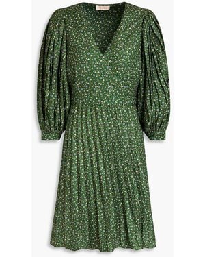 byTiMo Pleated Floral-print Crepe Mini Wrap Dress - Green