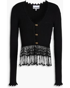 Ganni Fringed Ribbed-Knit Cardigan - Black