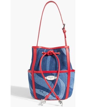 Emilio Pucci Leather-trimmed Printed Denim Bucket Bag - White