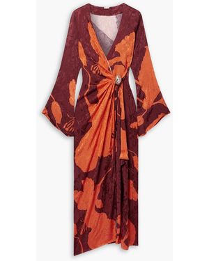 Johanna Ortiz Sanctuary For Dream Printed Satin-Jacquard Midi Wrap Dress - Red