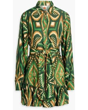 FARM Rio Ruffled Printed Woven Mini Shirt Dress - Green