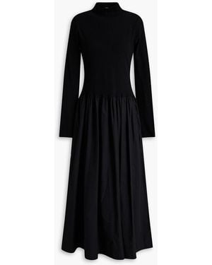 Bassike Gathered Ribbed Knit-paneled Cotton-blend Poplin Maxi Dress - Black
