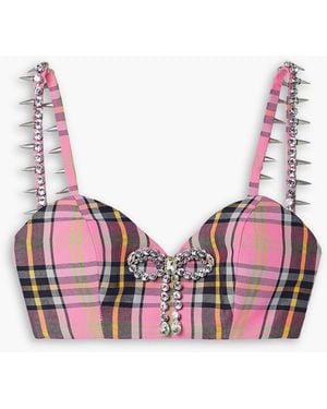 Area Embellished Checked Wool-blend Bra Top - Pink