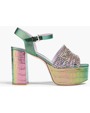 Gina Campbell Embellished Iridescent Satin And Croc-Effect Leather Platform Sandals - Green