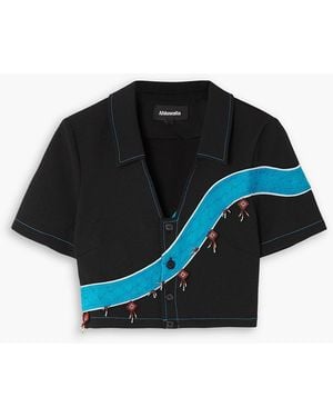Ahluwalia Priya Cropped Embellished Cloqué-trimmed Piqué Top - Black