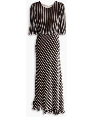 Saloni Vida Asymmetric Striped Velvet-Jacquard Midi Dress - Black