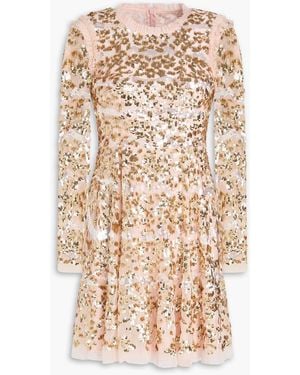 Needle & Thread Ruffled Sequin-Embellished Tulle Mini Dress - Natural