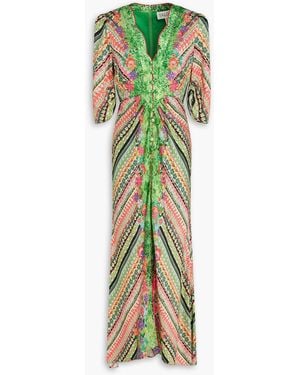 Saloni Mitsub Printed Satin-Jacquard Maxi Dress - Green