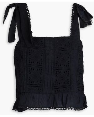 FARM Rio Ruffled Broderie Anglaise Cotton Top - Black