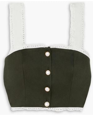 Alessandra Rich Cropped Broderie Anglaise-Trimmed Wool-Crepe Top - Black